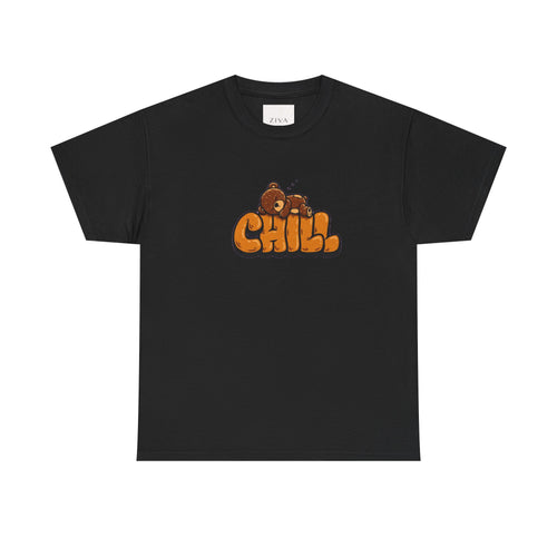 Chill Bear Graphic Tee | Relaxed Bear Illustration, Orange Bubble Lettering